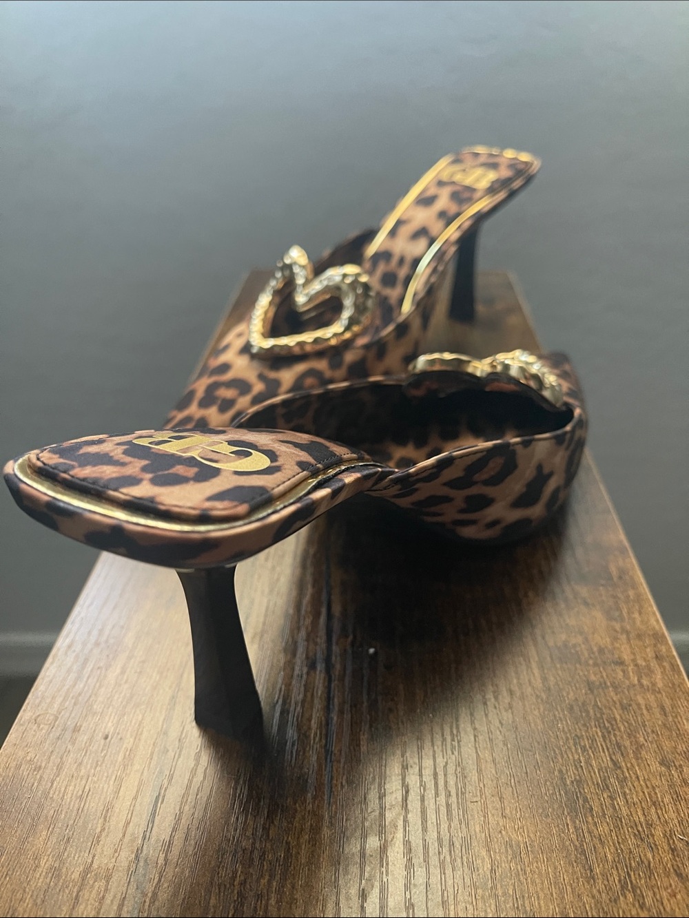 Gianni Bini Leopard-Print Pointed Mules with Gold Heart Accent - Picture 2 of 3